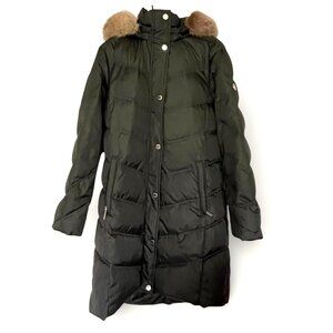 Michael Kors Olive Green Down Filled Puffer Parka Coat With Faux Fur Trim Sz L